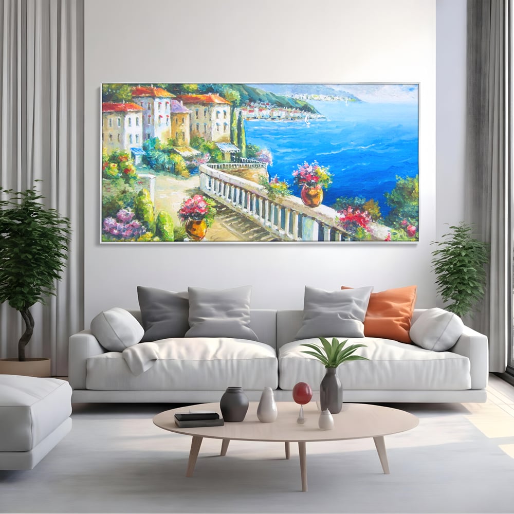 Tablou Canvas Premium LuxCanva® A1058, Case Pe Malul Marii ,  Peisaj, Flori, Cer Albastru, Munte, Culori Vibrante