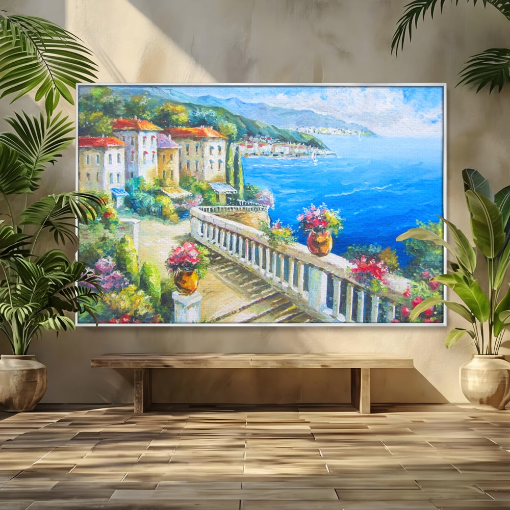 Tablou Canvas Premium LuxCanva® A1058, Case Pe Malul Marii ,  Peisaj, Flori, Cer Albastru, Munte, Culori Vibrante