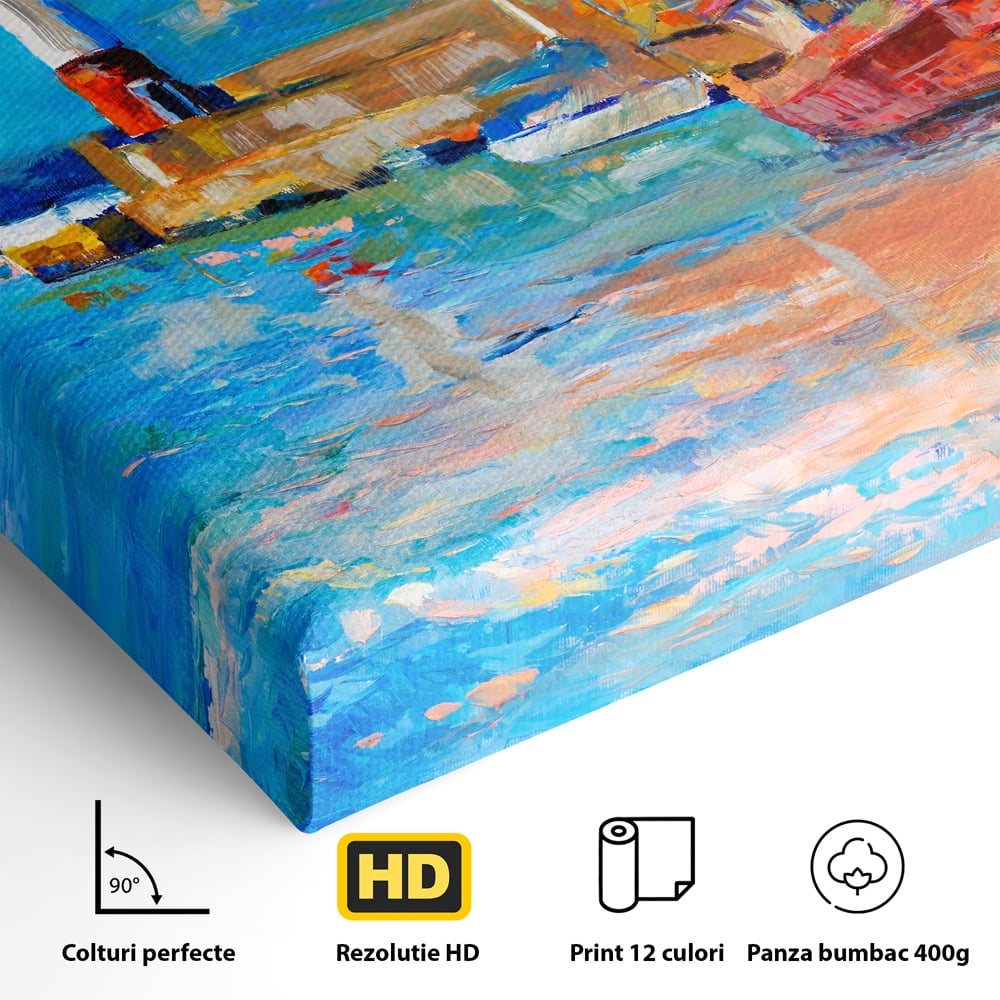 Tablou Canvas Premium LuxCanva® A1059, Barci In Port ,  Peisaj, Far, Apus de Soare, Cer Albastru, Culori Vibrante