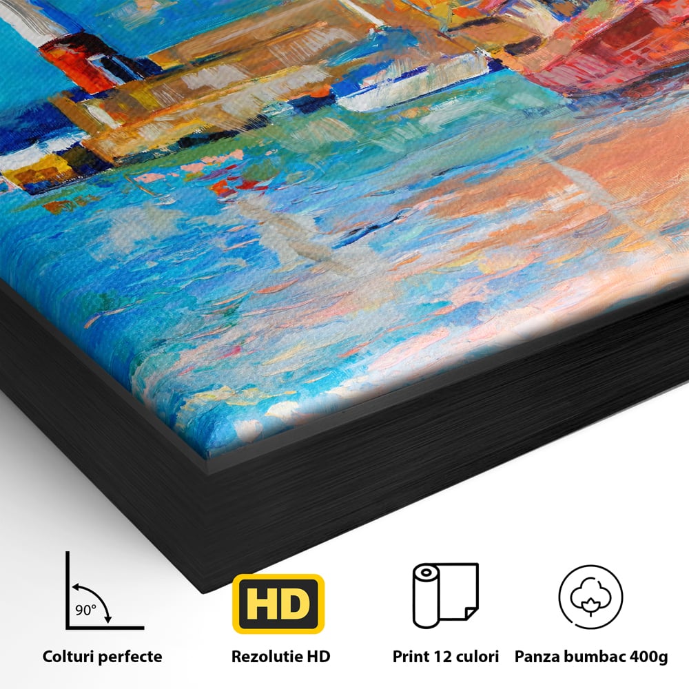 Tablou Canvas Premium LuxCanva® A1059, Barci In Port ,  Peisaj, Far, Apus de Soare, Cer Albastru, Culori Vibrante