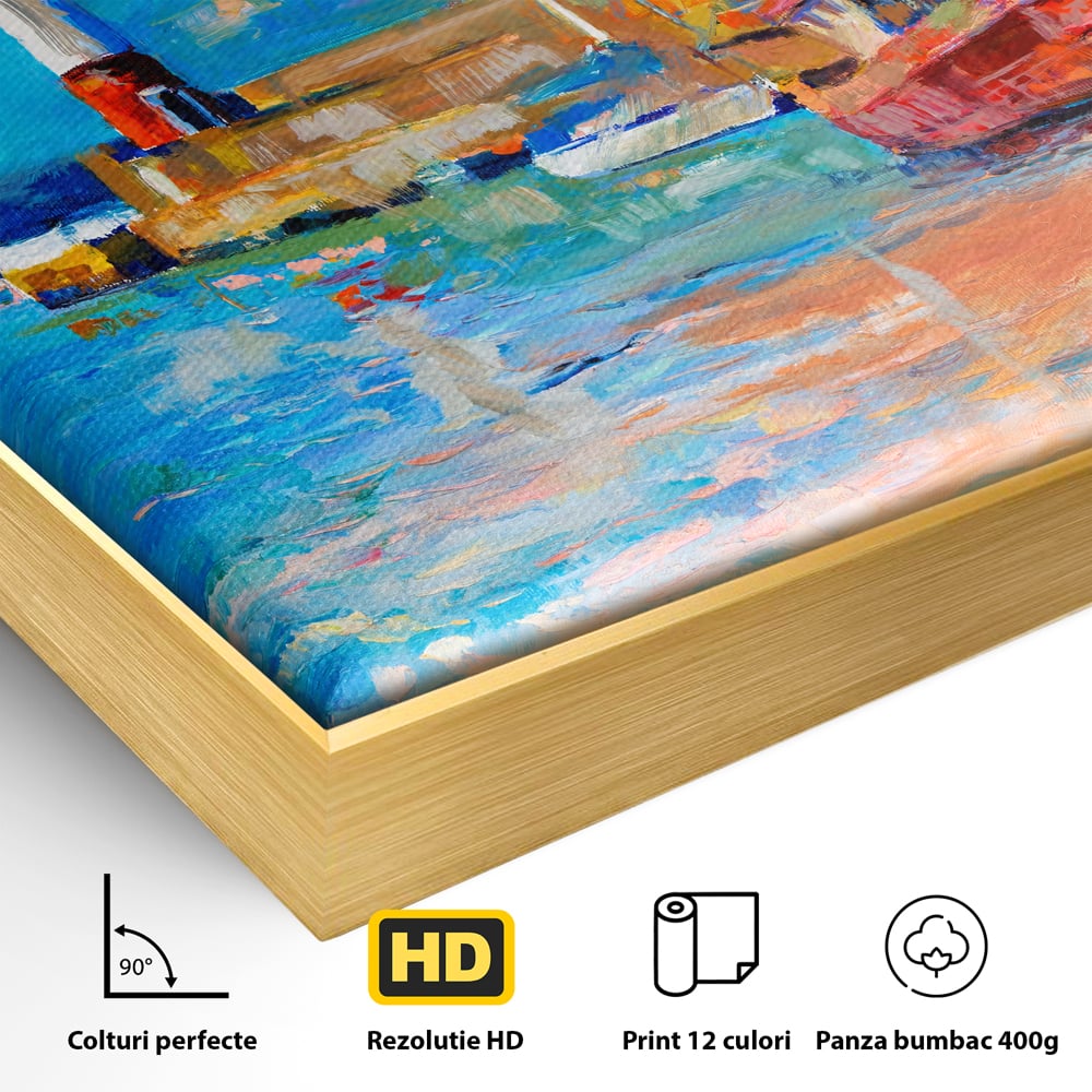 Tablou Canvas Premium LuxCanva® A1059, Barci In Port ,  Peisaj, Far, Apus de Soare, Cer Albastru, Culori Vibrante