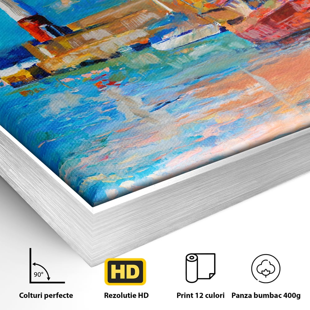 Tablou Canvas Premium LuxCanva® A1059, Barci In Port ,  Peisaj, Far, Apus de Soare, Cer Albastru, Culori Vibrante