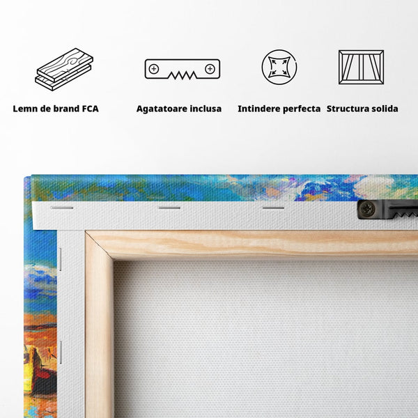 Tablou Canvas Premium LuxCanva® A1059, Barci In Port ,  Peisaj, Far, Apus de Soare, Cer Albastru, Culori Vibrante