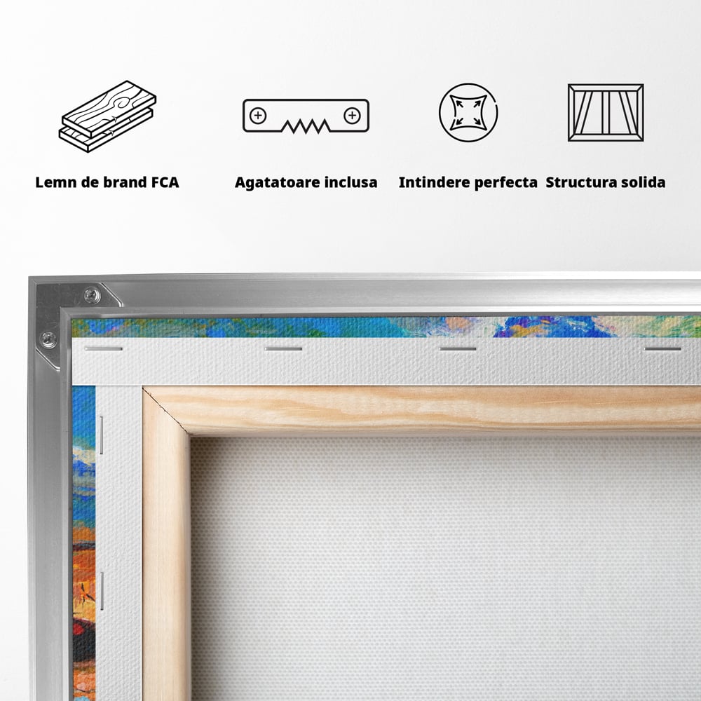 Tablou Canvas Premium LuxCanva® A1059, Barci In Port ,  Peisaj, Far, Apus de Soare, Cer Albastru, Culori Vibrante