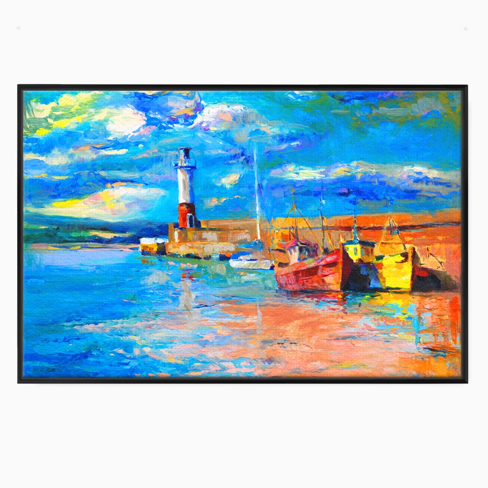 Tablou Canvas Premium LuxCanva® A1059, Barci In Port ,  Peisaj, Far, Apus de Soare, Cer Albastru, Culori Vibrante