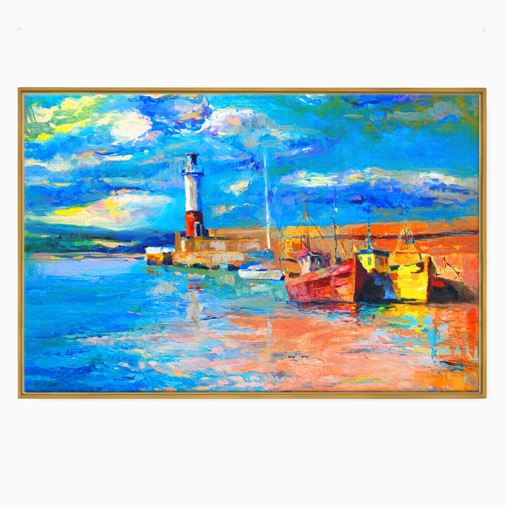 Tablou Canvas Premium LuxCanva® A1059, Barci In Port ,  Peisaj, Far, Apus de Soare, Cer Albastru, Culori Vibrante
