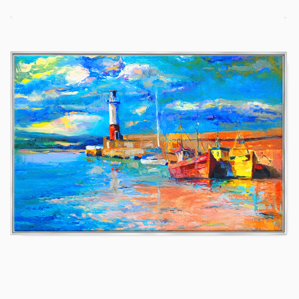 Tablou Canvas Premium LuxCanva® A1059, Barci In Port ,  Peisaj, Far, Apus de Soare, Cer Albastru, Culori Vibrante