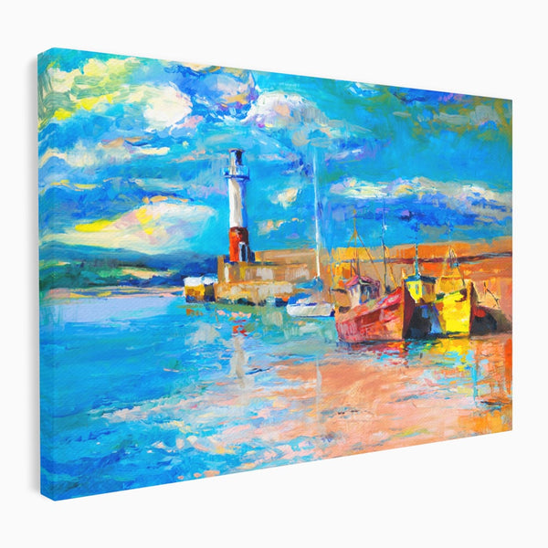 Tablou Canvas Premium LuxCanva® A1059, Barci In Port ,  Peisaj, Far, Apus de Soare, Cer Albastru, Culori Vibrante