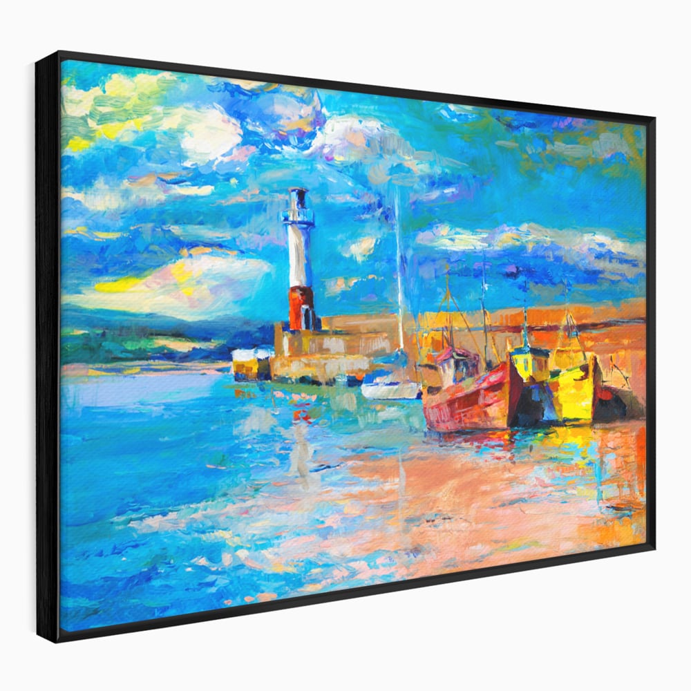 Tablou Canvas Premium LuxCanva® A1059, Barci In Port ,  Peisaj, Far, Apus de Soare, Cer Albastru, Culori Vibrante