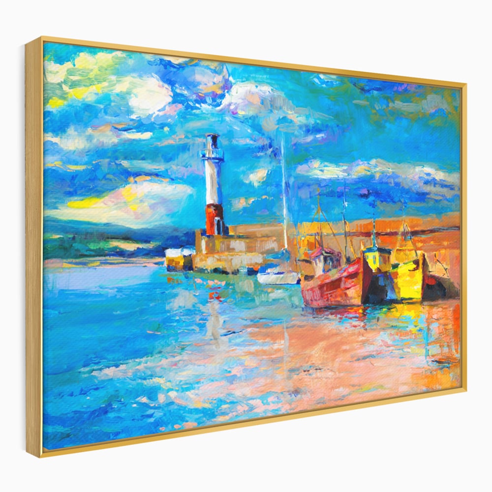 Tablou Canvas Premium LuxCanva® A1059, Barci In Port ,  Peisaj, Far, Apus de Soare, Cer Albastru, Culori Vibrante