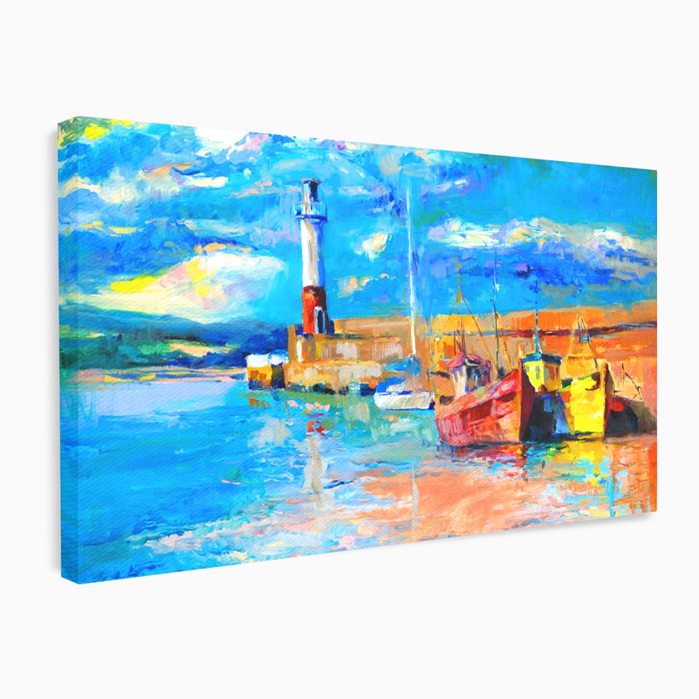 Tablou Canvas Premium LuxCanva® A1059, Barci In Port ,  Peisaj, Far, Apus de Soare, Cer Albastru, Culori Vibrante