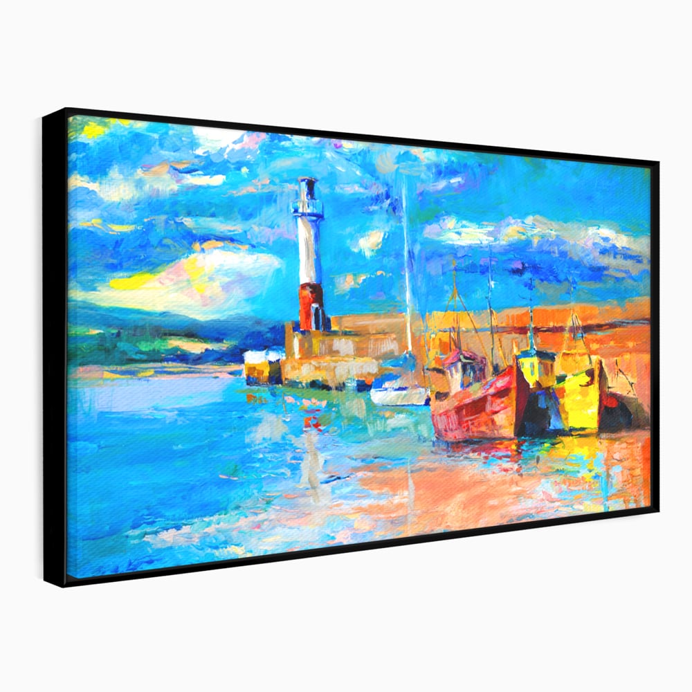 Tablou Canvas Premium LuxCanva® A1059, Barci In Port ,  Peisaj, Far, Apus de Soare, Cer Albastru, Culori Vibrante
