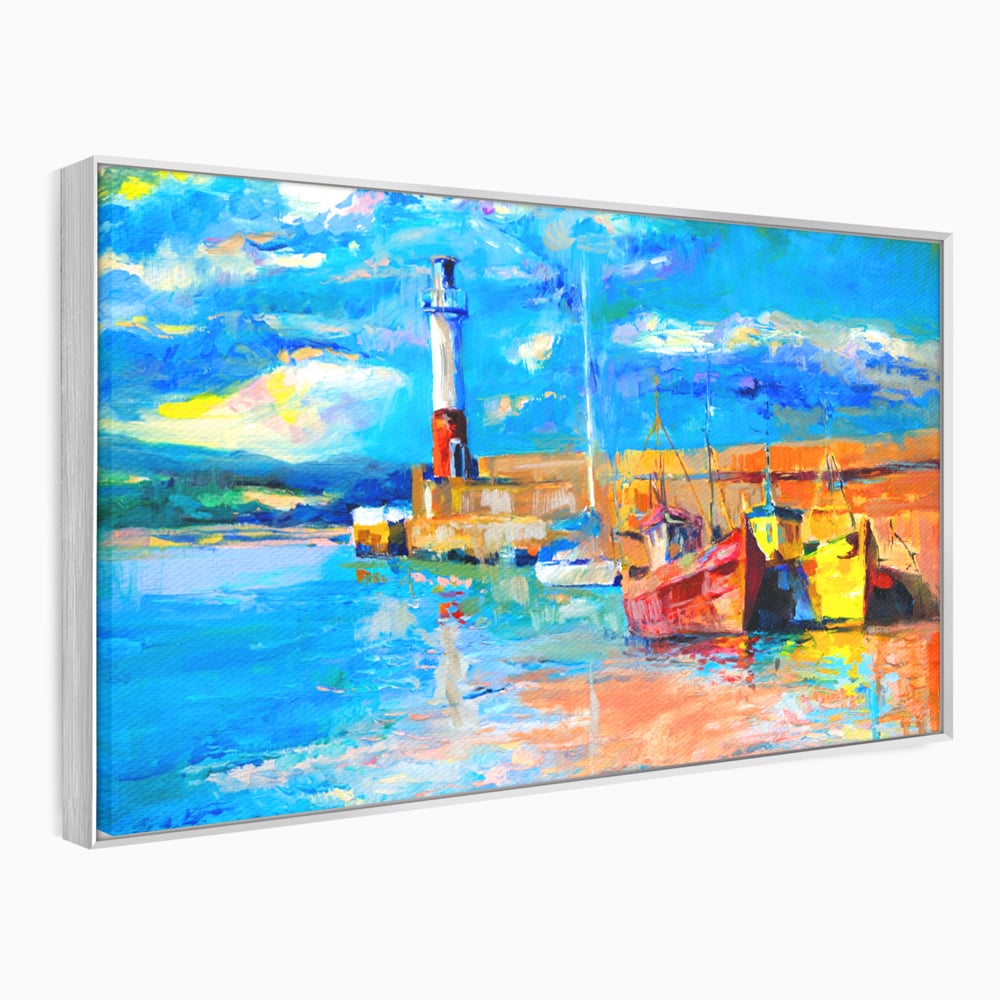 Tablou Canvas Premium LuxCanva® A1059, Barci In Port ,  Peisaj, Far, Apus de Soare, Cer Albastru, Culori Vibrante
