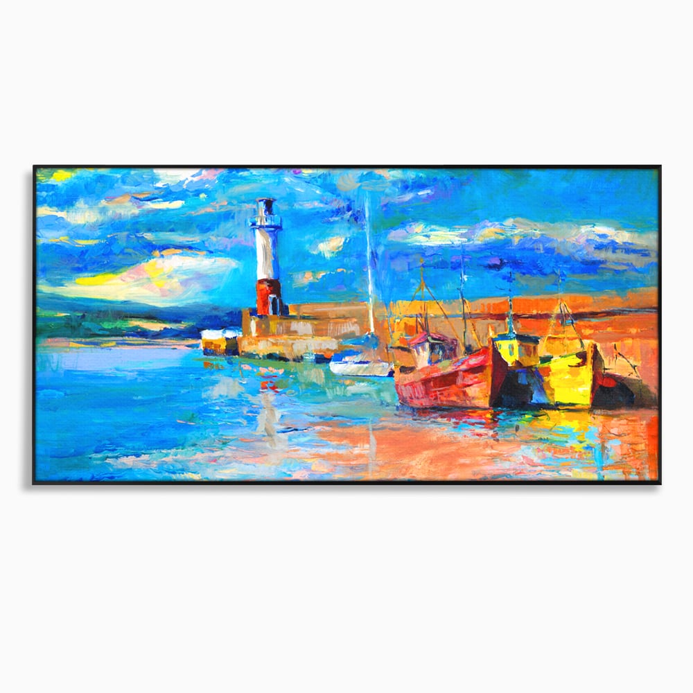 Tablou Canvas Premium LuxCanva® A1059, Barci In Port ,  Peisaj, Far, Apus de Soare, Cer Albastru, Culori Vibrante