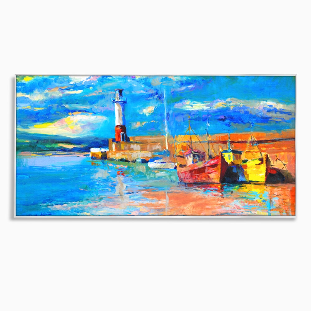 Tablou Canvas Premium LuxCanva® A1059, Barci In Port ,  Peisaj, Far, Apus de Soare, Cer Albastru, Culori Vibrante
