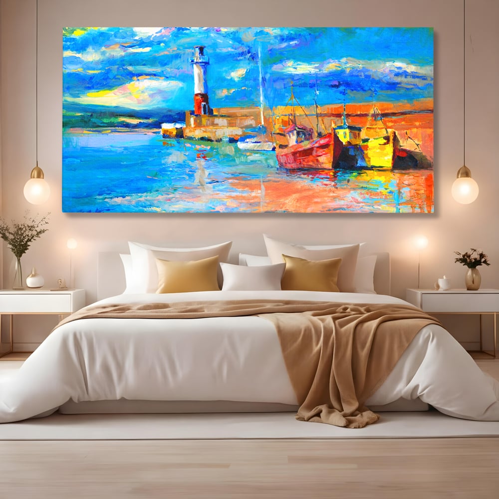 Tablou Canvas Premium LuxCanva® A1059, Barci In Port ,  Peisaj, Far, Apus de Soare, Cer Albastru, Culori Vibrante
