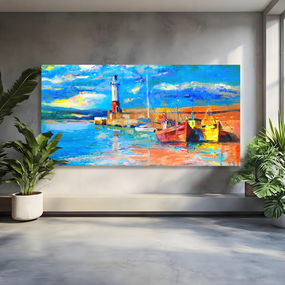 Tablou Canvas Premium LuxCanva® A1059, Barci In Port ,  Peisaj, Far, Apus de Soare, Cer Albastru, Culori Vibrante