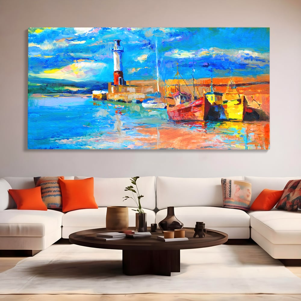 Tablou Canvas Premium LuxCanva® A1059, Barci In Port ,  Peisaj, Far, Apus de Soare, Cer Albastru, Culori Vibrante