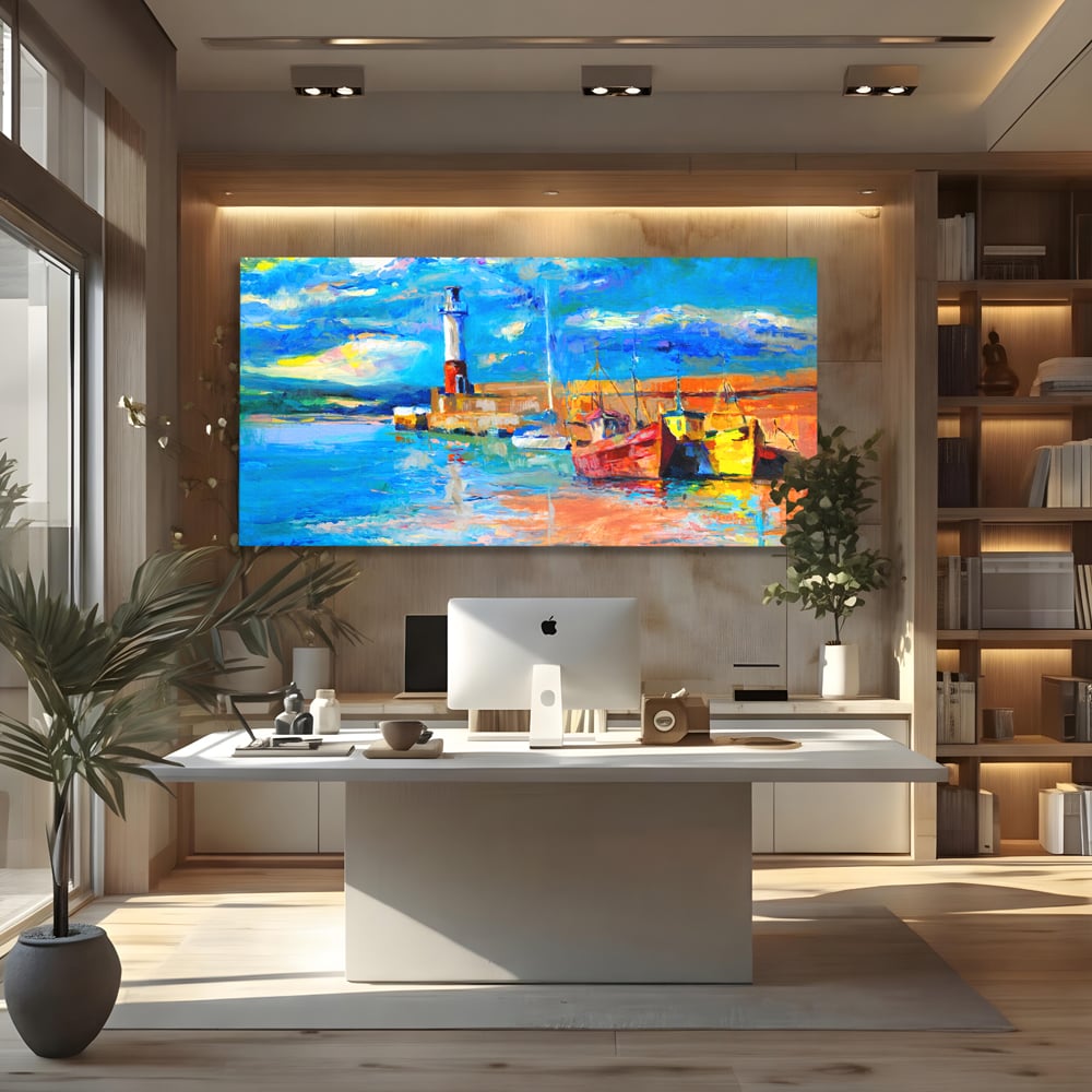 Tablou Canvas Premium LuxCanva® A1059, Barci In Port ,  Peisaj, Far, Apus de Soare, Cer Albastru, Culori Vibrante