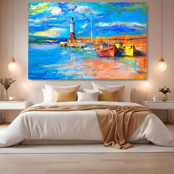 Tablou Canvas Premium LuxCanva® A1059, Barci In Port ,  Peisaj, Far, Apus de Soare, Cer Albastru, Culori Vibrante