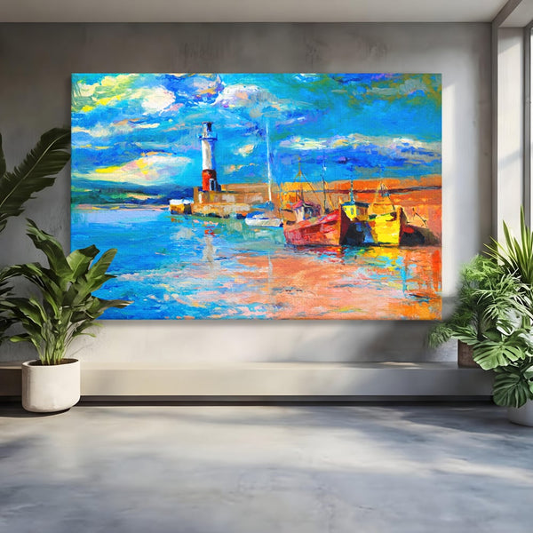 Tablou Canvas Premium LuxCanva® A1059, Barci In Port ,  Peisaj, Far, Apus de Soare, Cer Albastru, Culori Vibrante