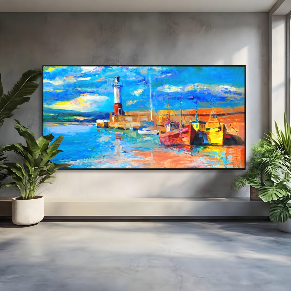 Tablou Canvas Premium LuxCanva® A1059, Barci In Port ,  Peisaj, Far, Apus de Soare, Cer Albastru, Culori Vibrante