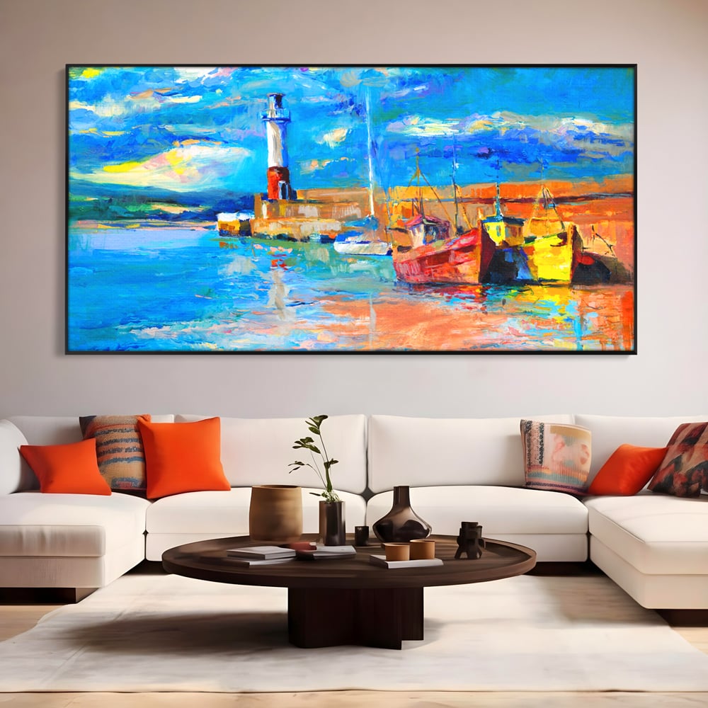 Tablou Canvas Premium LuxCanva® A1059, Barci In Port ,  Peisaj, Far, Apus de Soare, Cer Albastru, Culori Vibrante