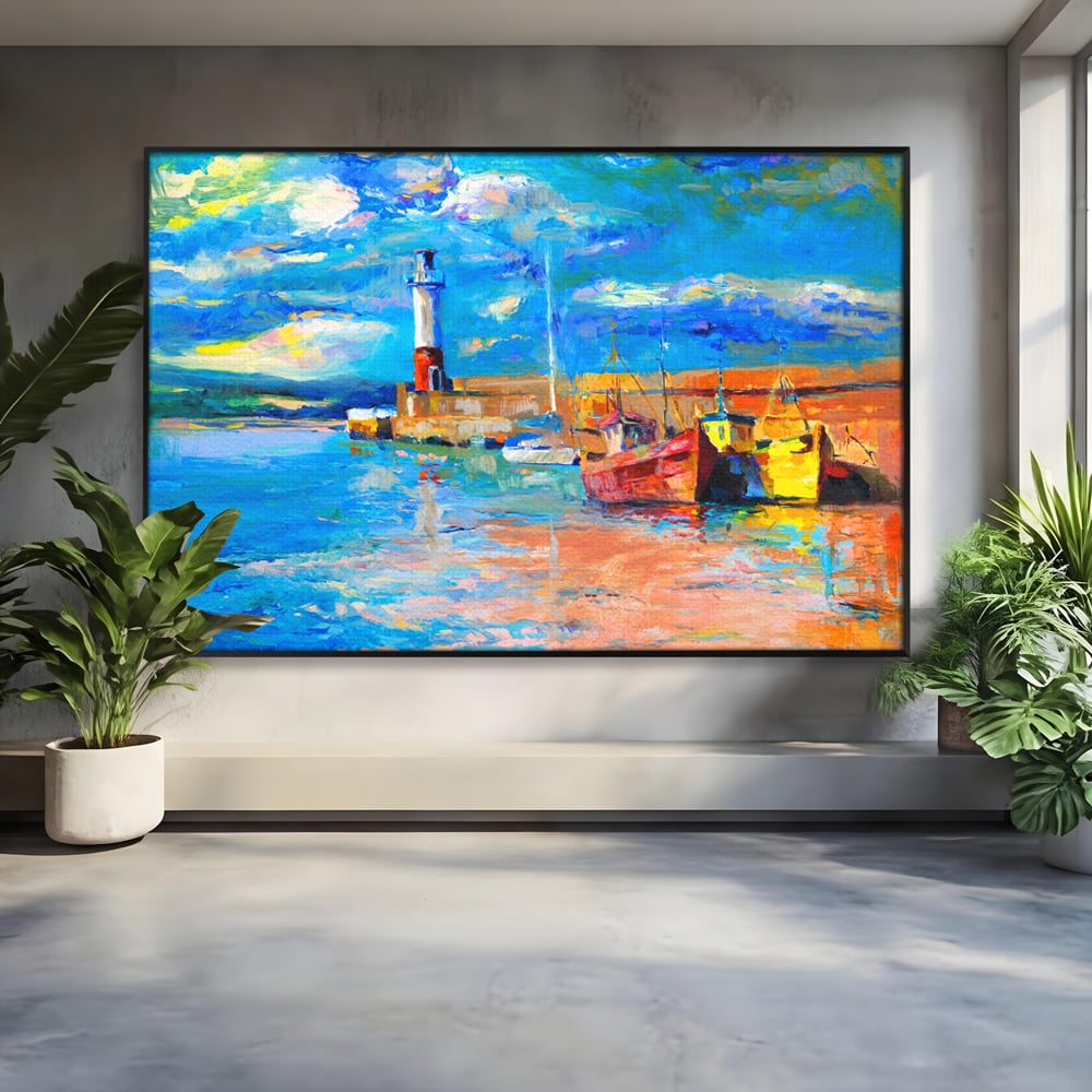 Tablou Canvas Premium LuxCanva® A1059, Barci In Port ,  Peisaj, Far, Apus de Soare, Cer Albastru, Culori Vibrante