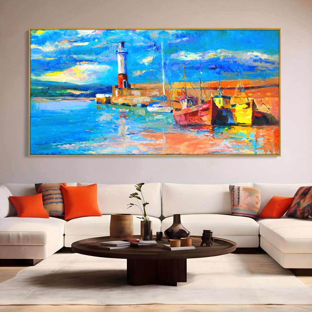 Tablou Canvas Premium LuxCanva® A1059, Barci In Port ,  Peisaj, Far, Apus de Soare, Cer Albastru, Culori Vibrante