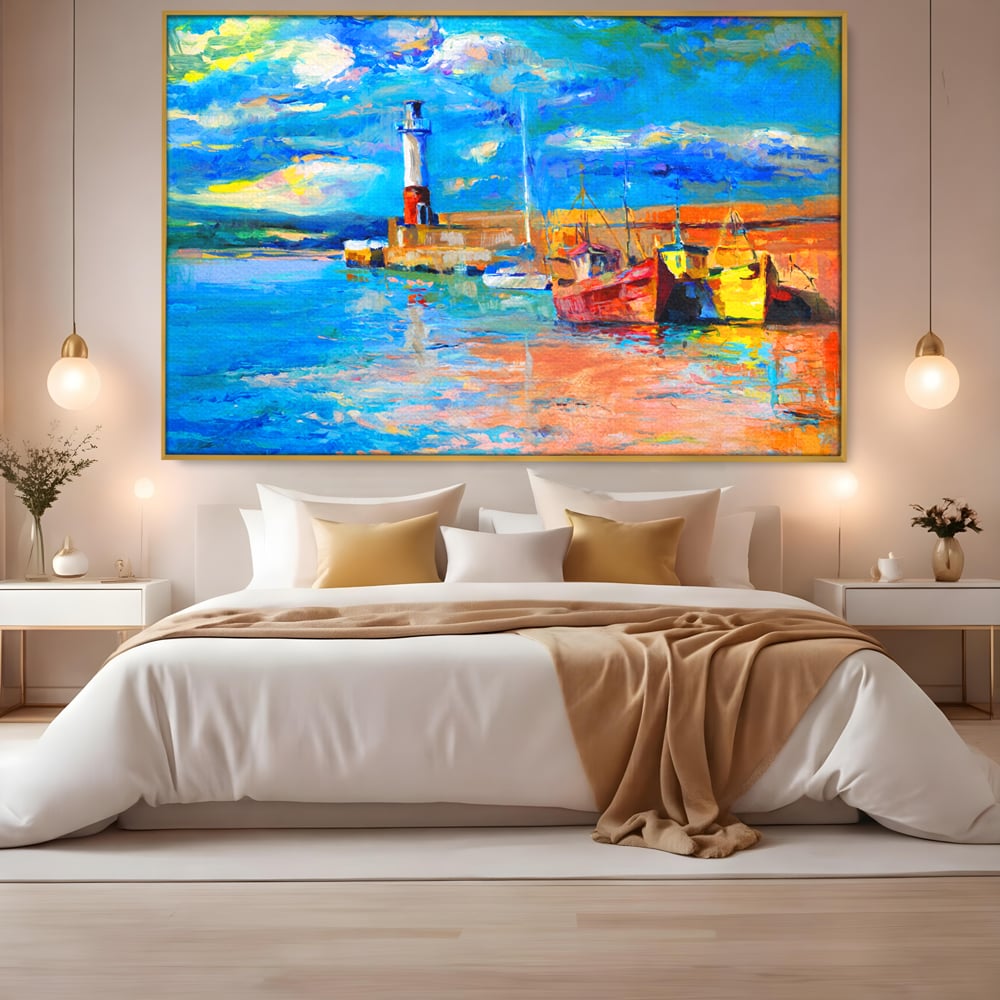 Tablou Canvas Premium LuxCanva® A1059, Barci In Port ,  Peisaj, Far, Apus de Soare, Cer Albastru, Culori Vibrante