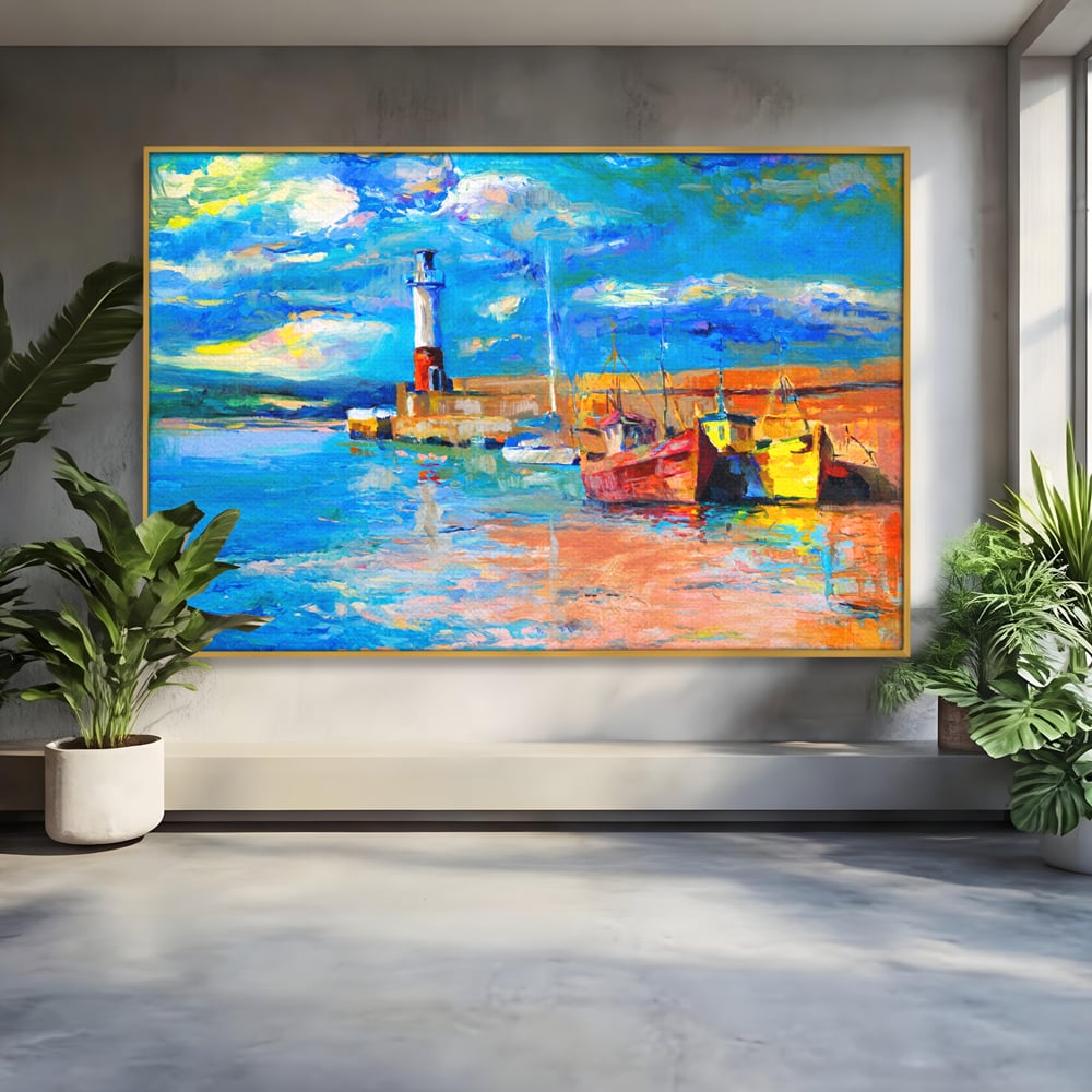 Tablou Canvas Premium LuxCanva® A1059, Barci In Port ,  Peisaj, Far, Apus de Soare, Cer Albastru, Culori Vibrante