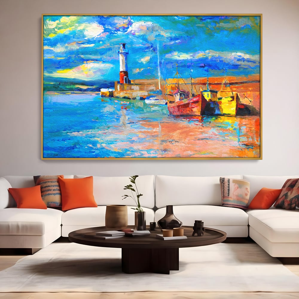 Tablou Canvas Premium LuxCanva® A1059, Barci In Port ,  Peisaj, Far, Apus de Soare, Cer Albastru, Culori Vibrante