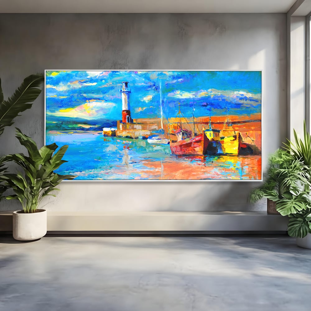 Tablou Canvas Premium LuxCanva® A1059, Barci In Port ,  Peisaj, Far, Apus de Soare, Cer Albastru, Culori Vibrante