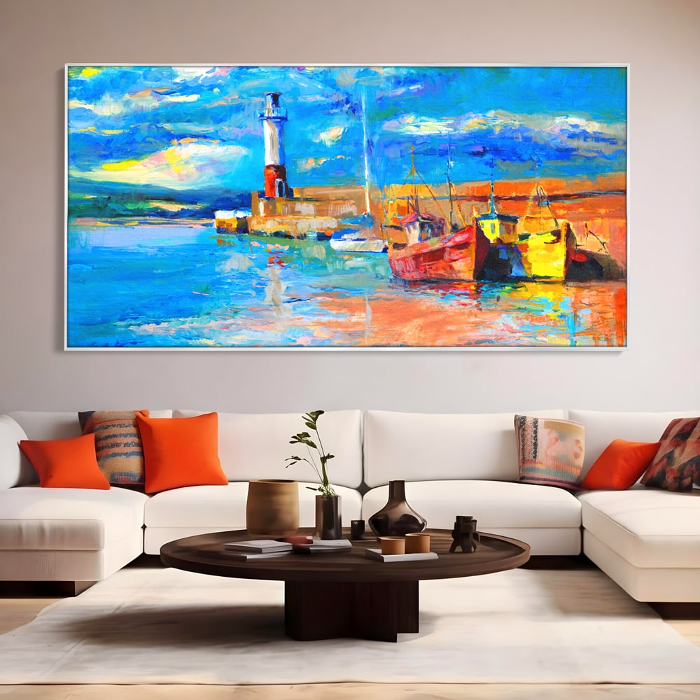 Tablou Canvas Premium LuxCanva® A1059, Barci In Port ,  Peisaj, Far, Apus de Soare, Cer Albastru, Culori Vibrante
