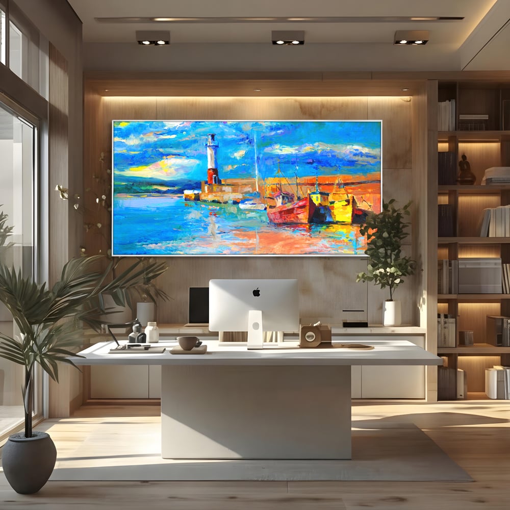 Tablou Canvas Premium LuxCanva® A1059, Barci In Port ,  Peisaj, Far, Apus de Soare, Cer Albastru, Culori Vibrante