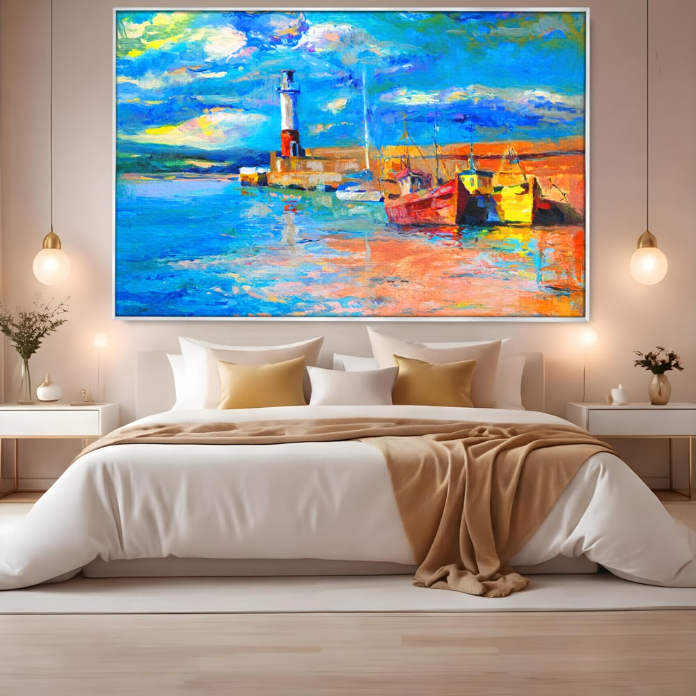 Tablou Canvas Premium LuxCanva® A1059, Barci In Port ,  Peisaj, Far, Apus de Soare, Cer Albastru, Culori Vibrante