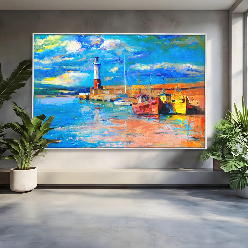 Tablou Canvas Premium LuxCanva® A1059, Barci In Port ,  Peisaj, Far, Apus de Soare, Cer Albastru, Culori Vibrante
