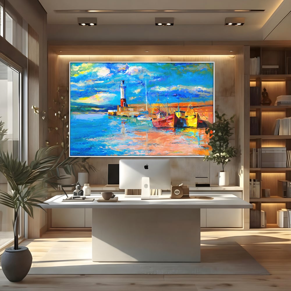 Tablou Canvas Premium LuxCanva® A1059, Barci In Port ,  Peisaj, Far, Apus de Soare, Cer Albastru, Culori Vibrante