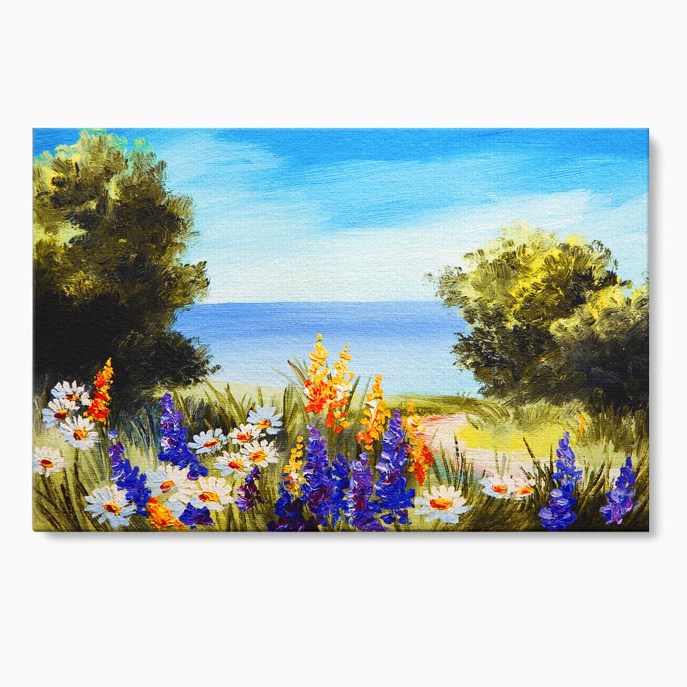 Tablou Canvas Premium LuxCanva® A1060, Flori Violet , Peisaj, Flori Albe, Mare, Natura, Culori Vibrante