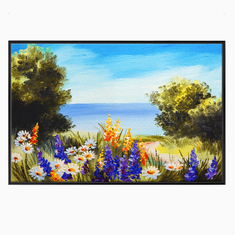 Tablou Canvas Premium LuxCanva® A1060, Flori Violet , Peisaj, Flori Albe, Mare, Natura, Culori Vibrante