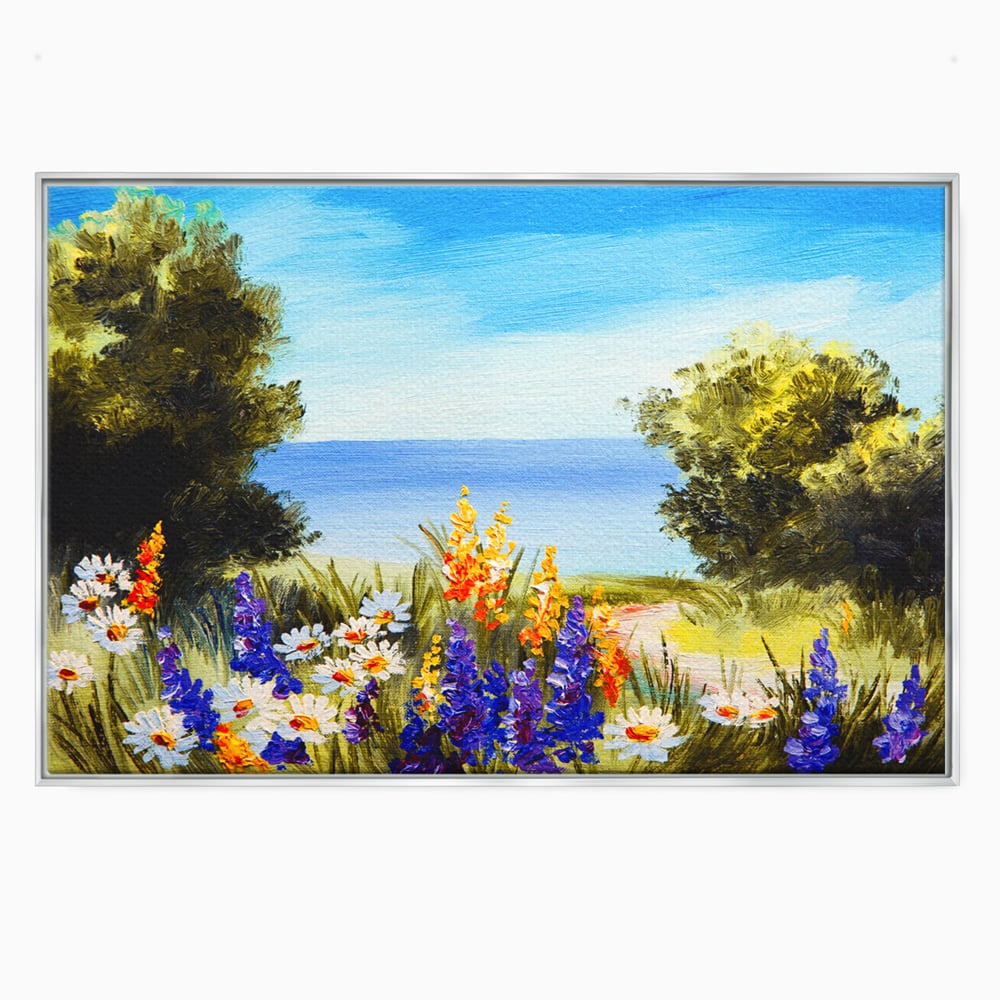 Tablou Canvas Premium LuxCanva® A1060, Flori Violet , Peisaj, Flori Albe, Mare, Natura, Culori Vibrante
