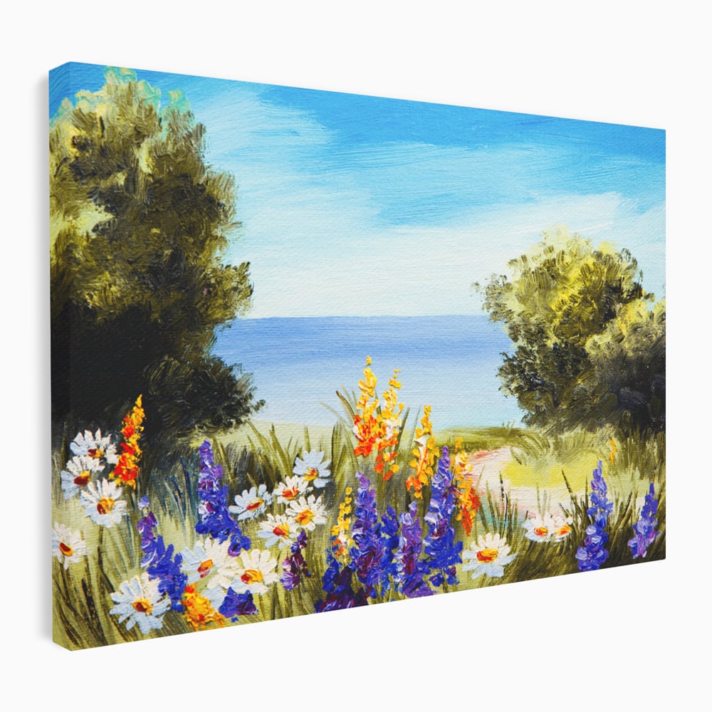 Tablou Canvas Premium LuxCanva® A1060, Flori Violet , Peisaj, Flori Albe, Mare, Natura, Culori Vibrante