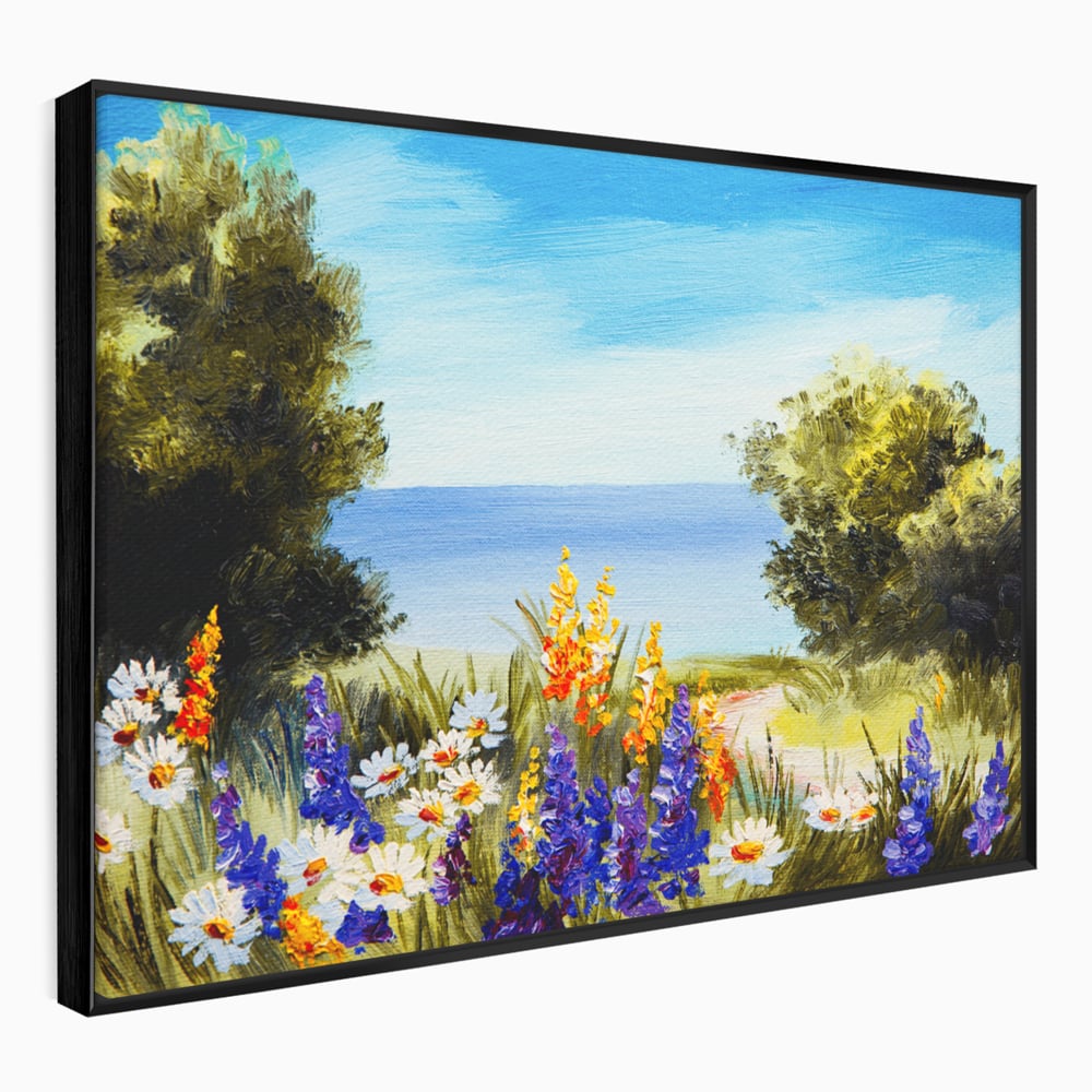 Tablou Canvas Premium LuxCanva® A1060, Flori Violet , Peisaj, Flori Albe, Mare, Natura, Culori Vibrante