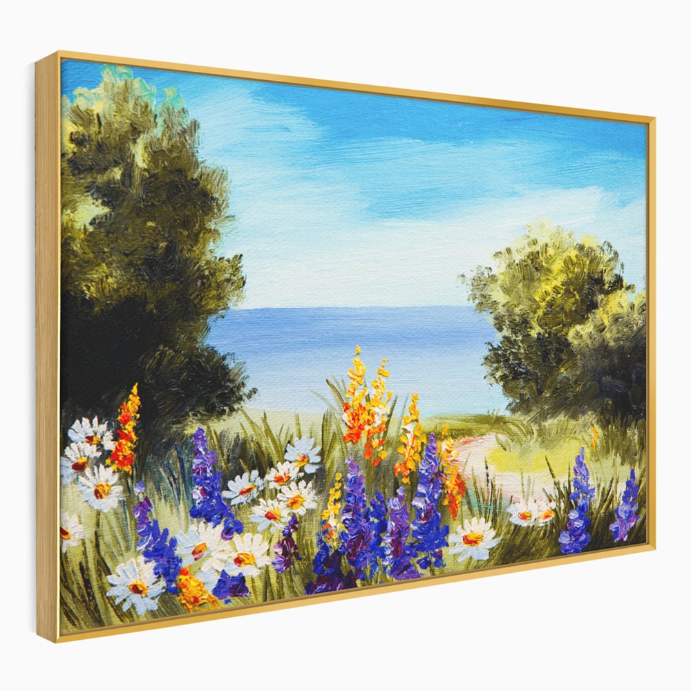 Tablou Canvas Premium LuxCanva® A1060, Flori Violet , Peisaj, Flori Albe, Mare, Natura, Culori Vibrante