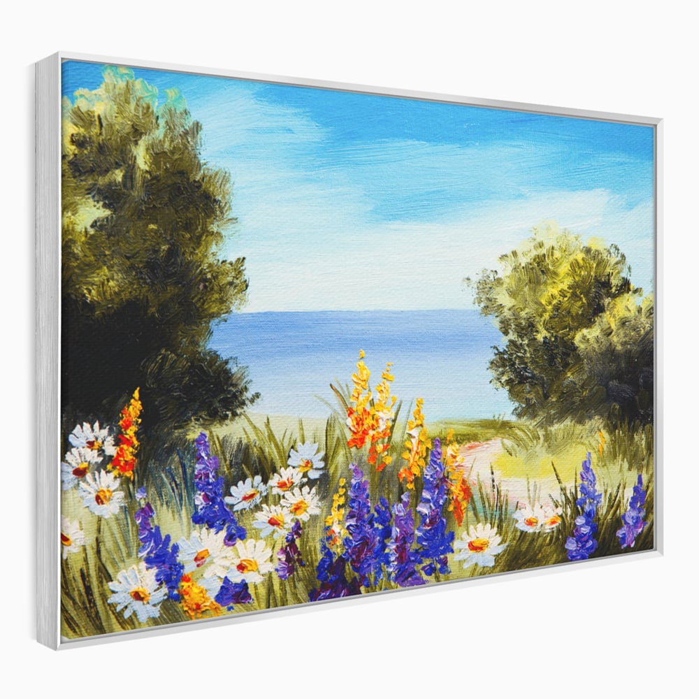 Tablou Canvas Premium LuxCanva® A1060, Flori Violet , Peisaj, Flori Albe, Mare, Natura, Culori Vibrante