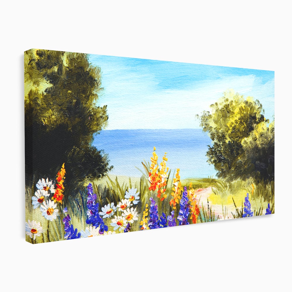 Tablou Canvas Premium LuxCanva® A1060, Flori Violet , Peisaj, Flori Albe, Mare, Natura, Culori Vibrante