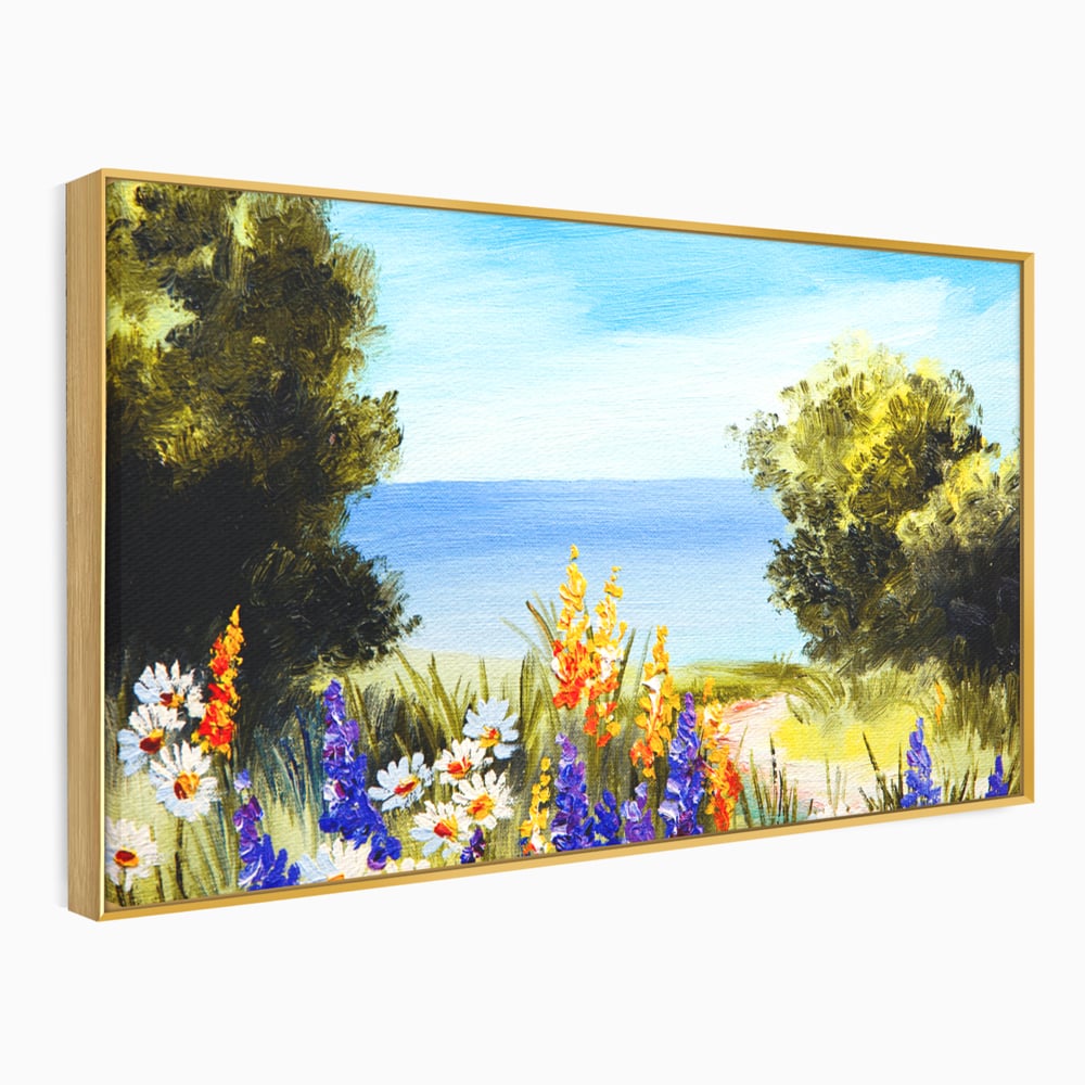 Tablou Canvas Premium LuxCanva® A1060, Flori Violet , Peisaj, Flori Albe, Mare, Natura, Culori Vibrante