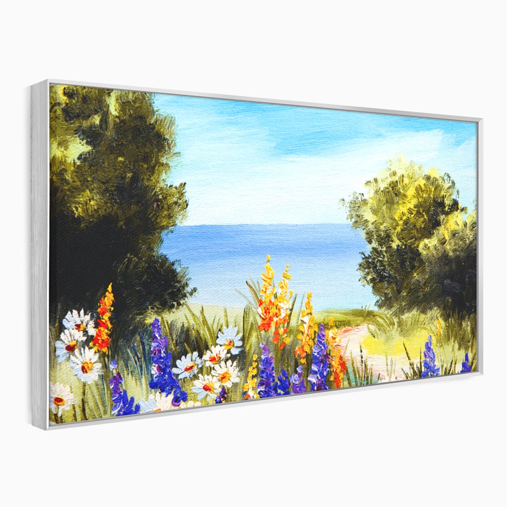 Tablou Canvas Premium LuxCanva® A1060, Flori Violet , Peisaj, Flori Albe, Mare, Natura, Culori Vibrante