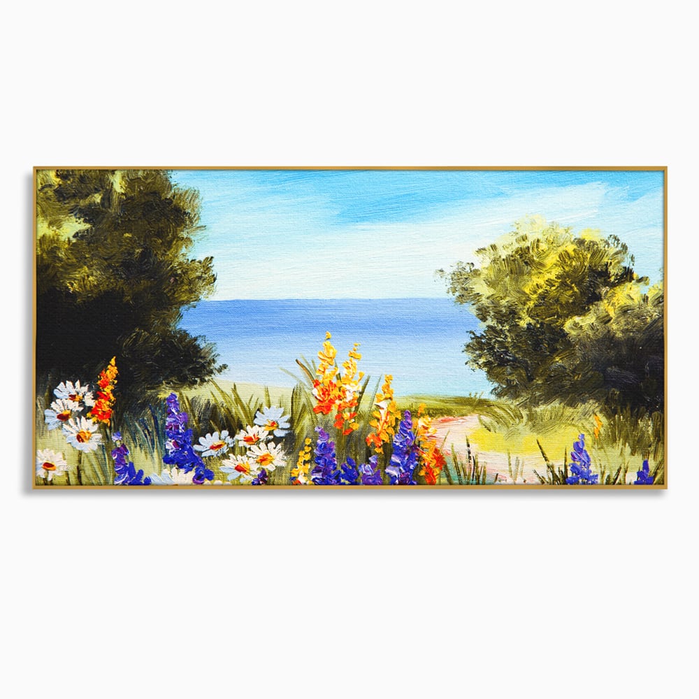 Tablou Canvas Premium LuxCanva® A1060, Flori Violet , Peisaj, Flori Albe, Mare, Natura, Culori Vibrante