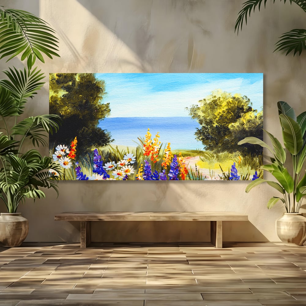 Tablou Canvas Premium LuxCanva® A1060, Flori Violet , Peisaj, Flori Albe, Mare, Natura, Culori Vibrante